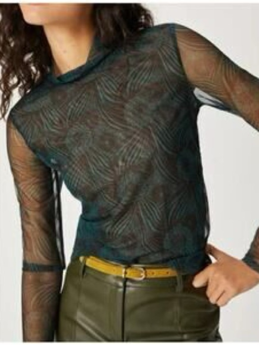 Anthropologie Sheer Long-Sleeve Patterned Mock Neck Top Green and Black Size XS